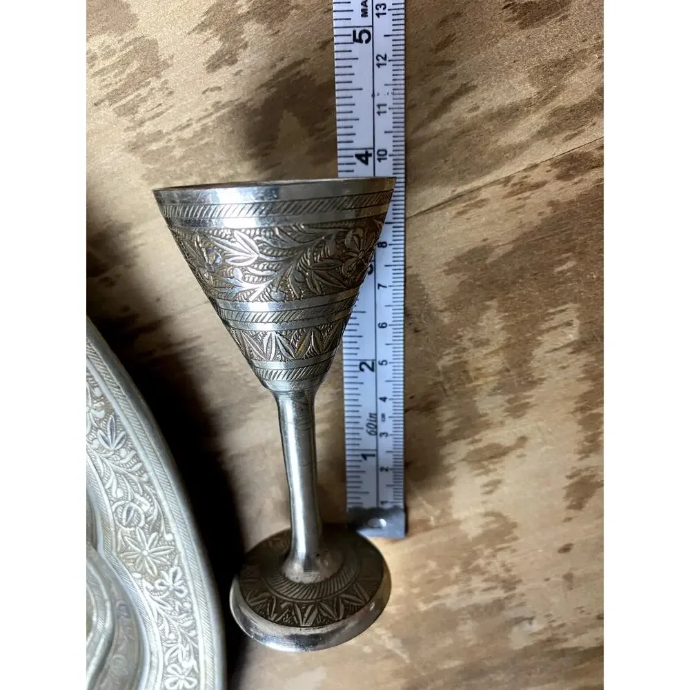 VTG Hand-Etched Brass Cocktail Shaker Set Tray 6 Goblets MCM